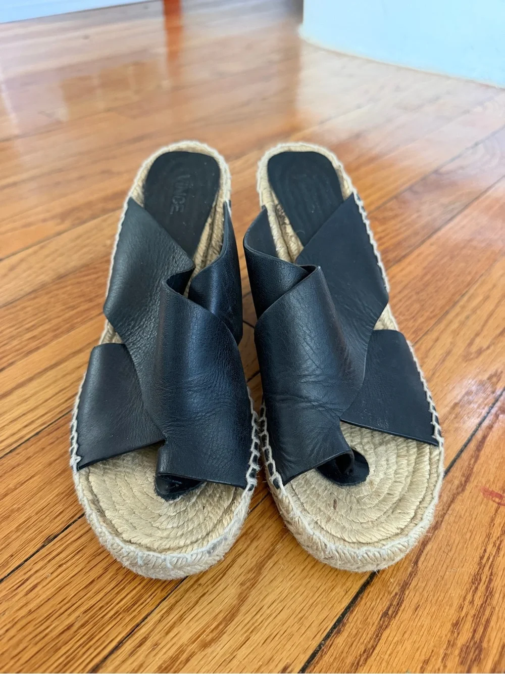 Vince Black Leather Espadrille Wedge Slides with Braided Jute Sole